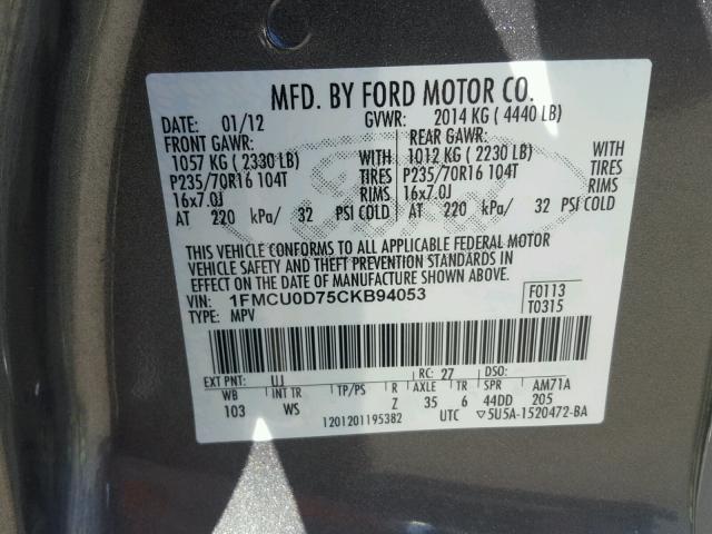 1FMCU0D75CKB94053 - 2012 FORD ESCAPE XLT CHARCOAL photo 10