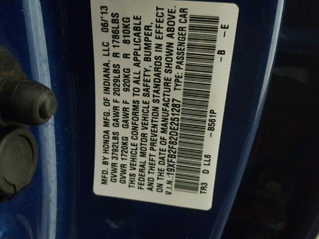 19XFB2F82DE251287 - 2013 HONDA CIVIC EX ლურჯი ფოტო 10