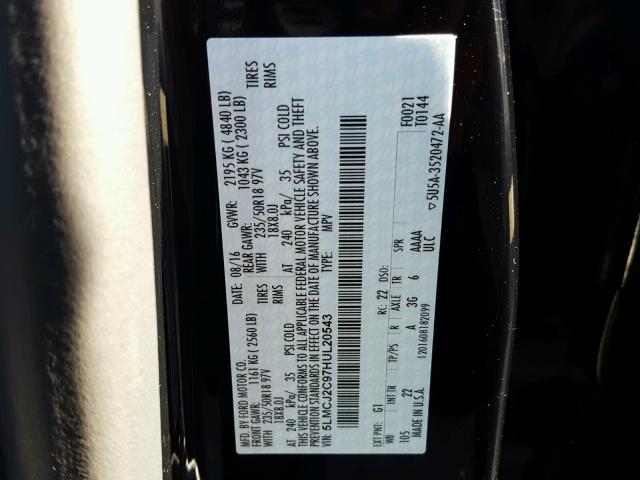 5LMCJ2C97HUL20543 - 2017 LINCOLN MKC SELECT 黑色 照片 10