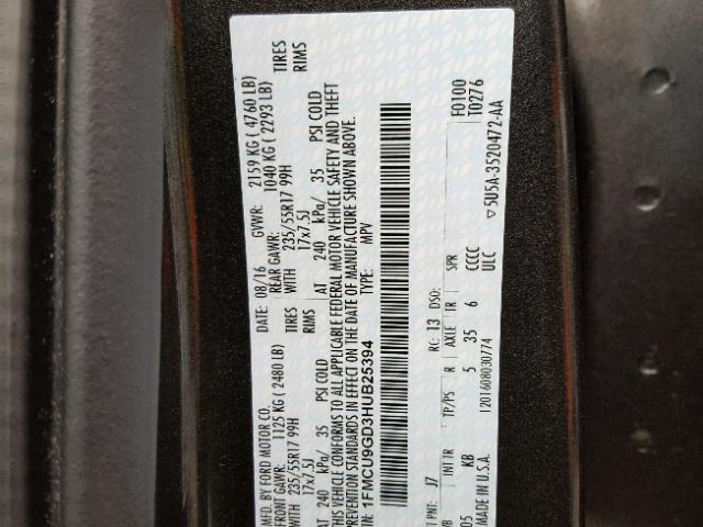 1FMCU9GD3HUB25394 - 2017 FORD ESCAPE SE GRAY photo 10