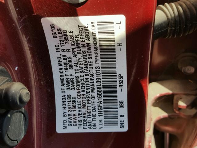 1HGFA16568L091013 - 2008 HONDA CIVIC LX RED photo 10