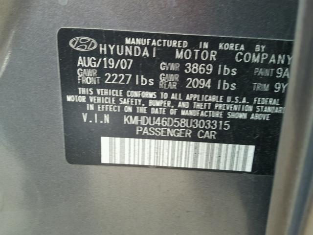 KMHDU46D58U303315 - 2008 HYUNDAI ELANTRA GL GRAY photo 10