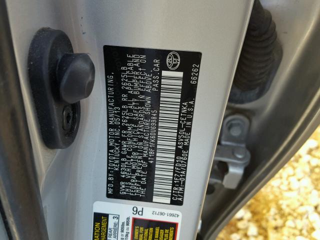 4T1BF1FK6DU699845 - 2013 TOYOTA CAMRY L SILVER photo 10