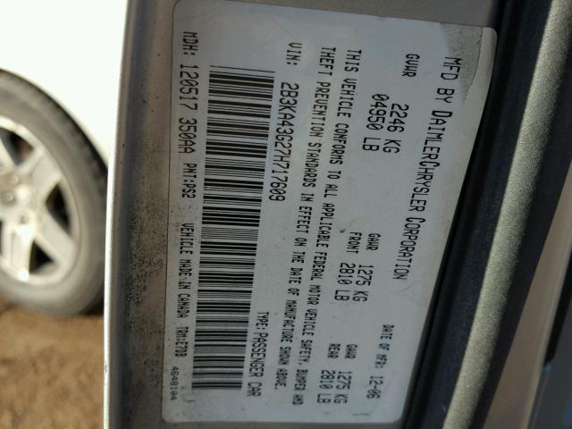 2B3KA43G27H717609 - 2007 DODGE CHARGER SE GRAY photo 10