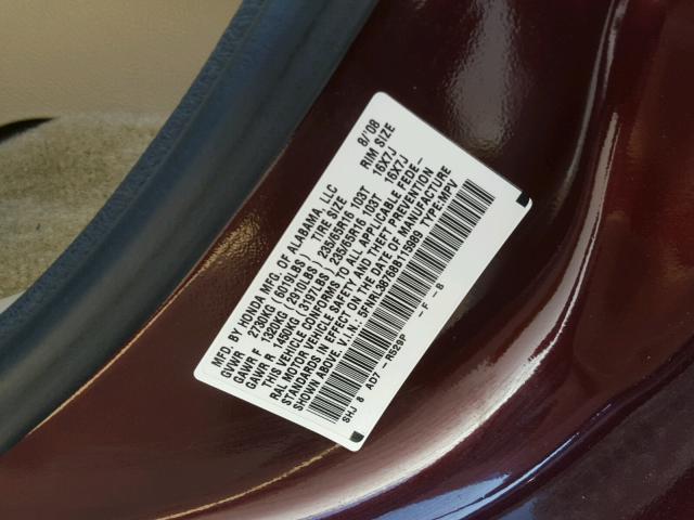 5FNRL38768B115989 - 2008 HONDA ODYSSEY EX MAROON photo 10