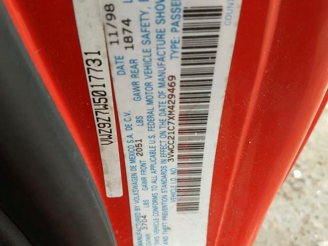 3VWCC21C7XM429469 - 1999 VOLKSWAGEN NEW BEETLE 红色 照片 10