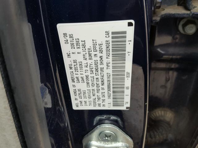 1HGCP36888A061627 - 2008 HONDA ACCORD EXL BLUE photo 10