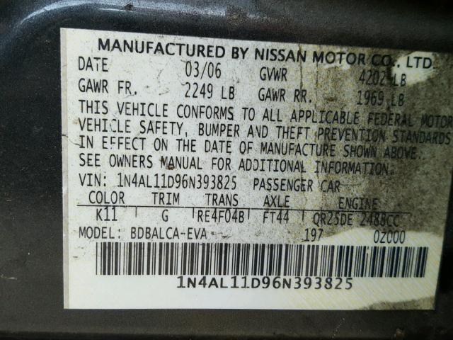 1N4AL11D96N393825 - 2006 NISSAN ALTIMA S GRAY photo 10