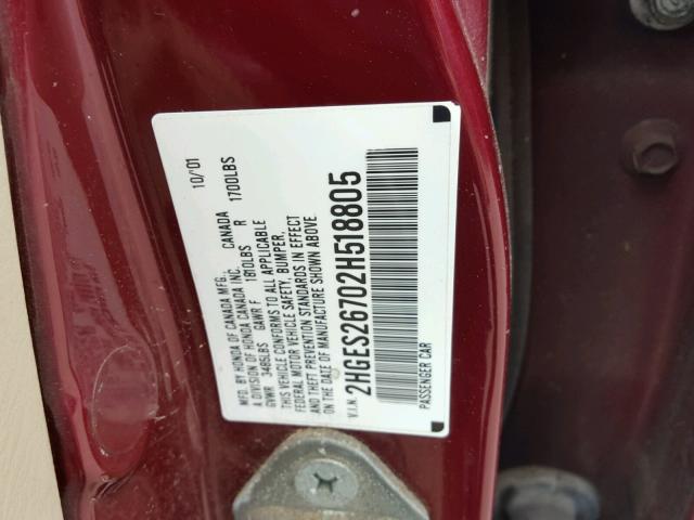 2HGES26702H518805 - 2002 HONDA CIVIC EX RED photo 10