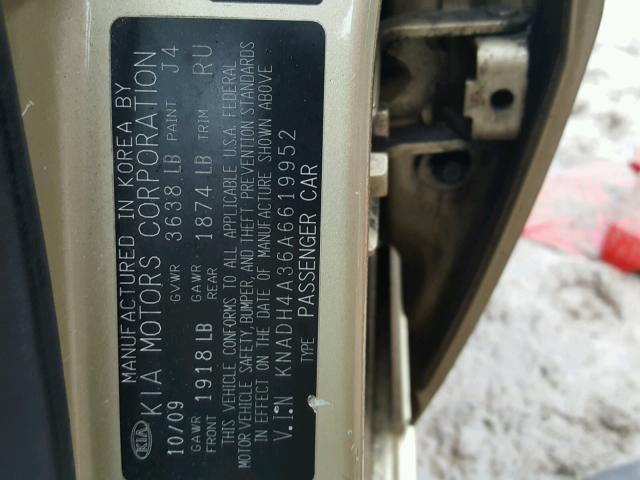 KNADH4A36A6619952 - 2010 KIA RIO LX Ոսկեգույն լուսանկար 10