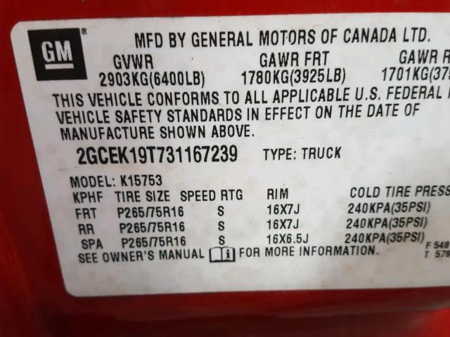 2GCEK19T731167239 - 2003 CHEVROLET SILVERADO RED photo 10