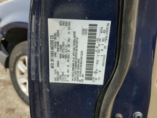 1FMEU72E86UA51223 - 2006 FORD EXPLORER X BLUE photo 10