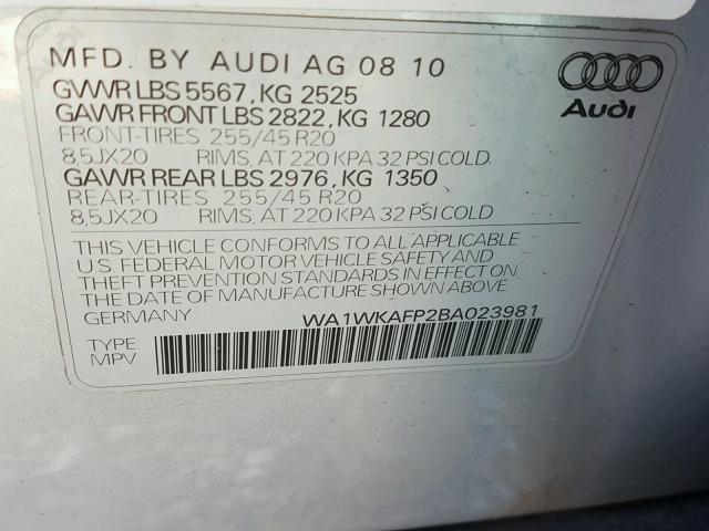 WA1WKAFP2BA023981 - 2011 AUDI Q5 PRESTIG SILVER photo 10