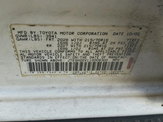 JTEGH20V110008300 - 2001 TOYOTA RAV4 WHITE photo 10