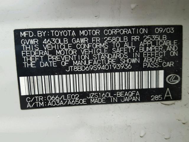 JT8BD69S940193936 - 2004 LEXUS GS 300 WHITE photo 10