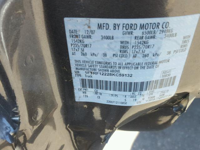 1FTRF12228KC59132 - 2008 FORD F150 GRAY photo 10