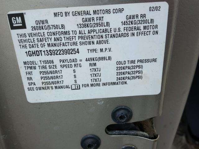 1GHDT13S922390254 - 2002 OLDSMOBILE BRAVADA GRAY photo 10