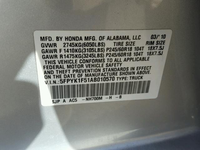 5FPYK1F51AB010570 - 2010 HONDA RIDGELINE SILVER photo 10