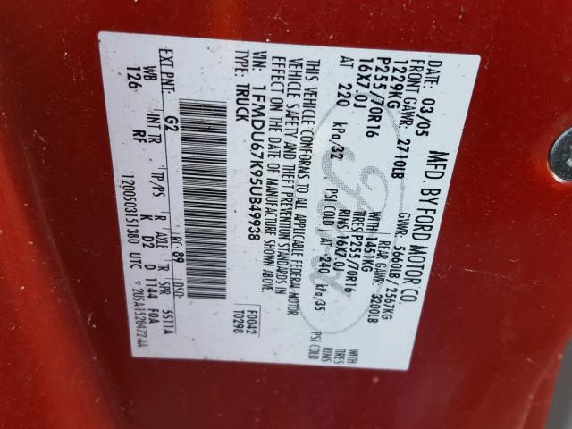 1FMDU67K95UB49938 - 2005 FORD EXPLORER S BURGUNDY photo 10