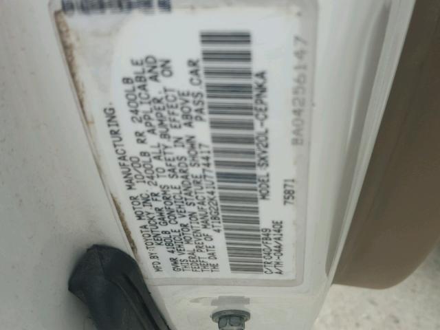 4T1BG22K41U774417 - 2001 TOYOTA CAMRY CE WHITE photo 10