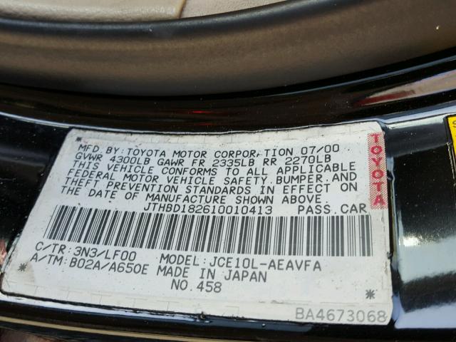 JTHBD182610010413 - 2001 LEXUS IS 300 BLACK photo 10