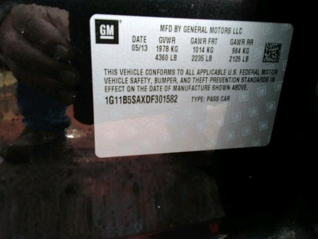 1G11B5SAXDF301582 - 2013 CHEVROLET MALIBU LS შავი ფოტო 10