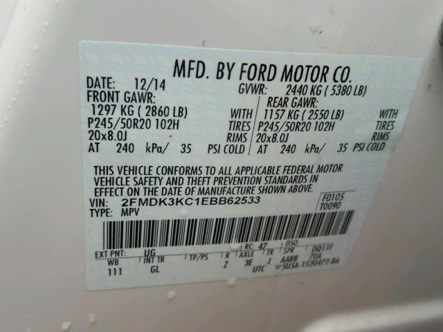 2FMDK3KC1EBB62533 - 2014 FORD EDGE LIMIT WHITE photo 10