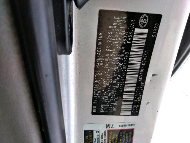 4T1BE46K49U842769 - 2009 TOYOTA CAMRY BASE SILVER photo 10