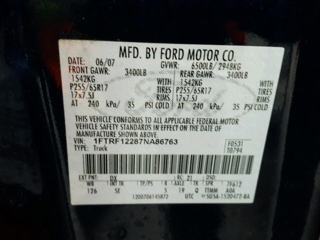 1FTRF12287NA86763 - 2007 FORD F150 BLUE photo 10