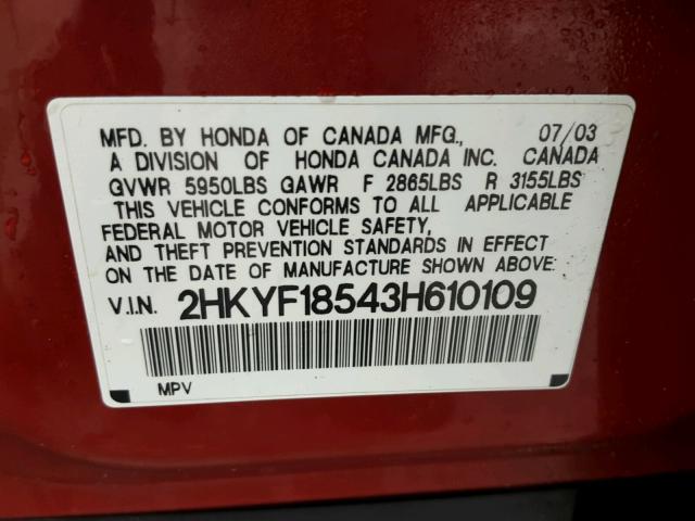 2HKYF18543H610109 - 2003 HONDA PILOT EXL RED photo 10