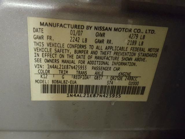 1N4AL21E87N425955 - 2007 NISSAN ALTIMA 2.5 SILVER photo 10