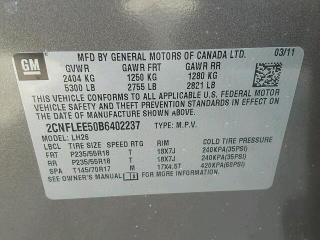 2CNFLEE50B6402237 - 2011 CHEVROLET EQUINOX LT GOLD photo 10