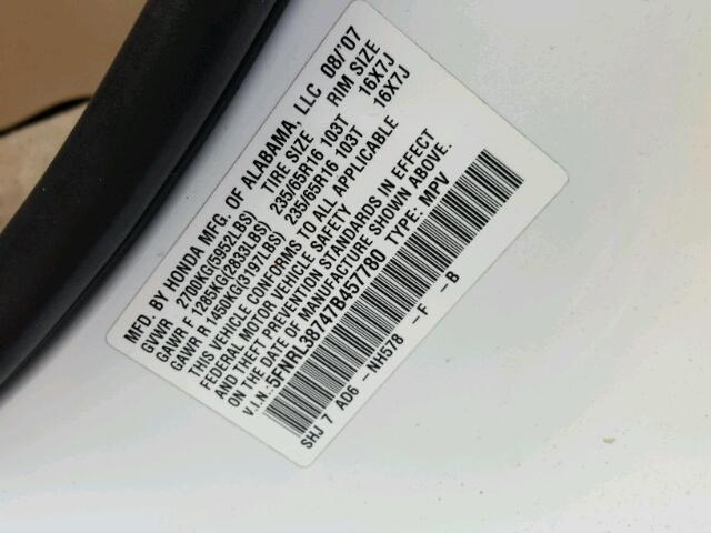 5FNRL38747B457780 - 2007 HONDA ODYSSEY EX WHITE photo 10