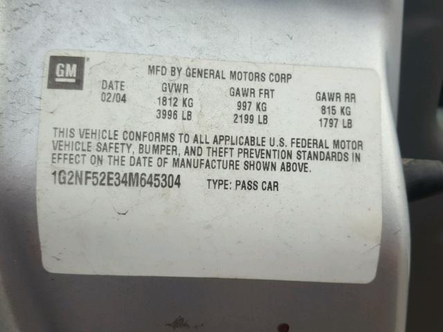 1G2NF52E34M645304 - 2004 PONTIAC GRAND AM S SILVER photo 10