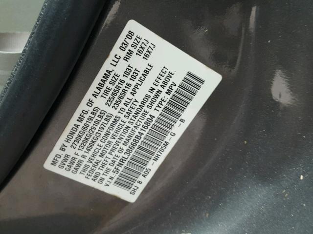 5FNRL38668B416804 - 2008 HONDA ODYSSEY EX GRAY photo 10