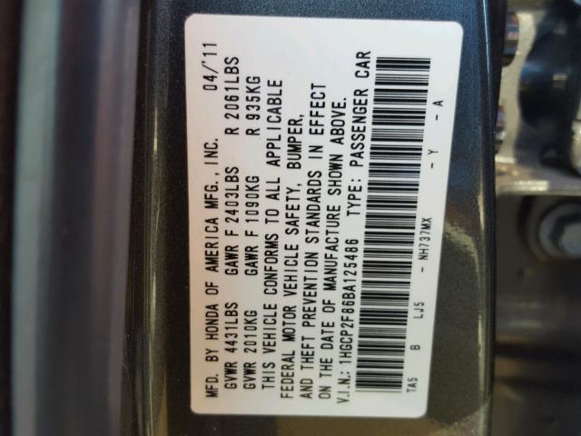 1HGCP2F86BA125486 - 2011 HONDA ACCORD EXL GRAY photo 10