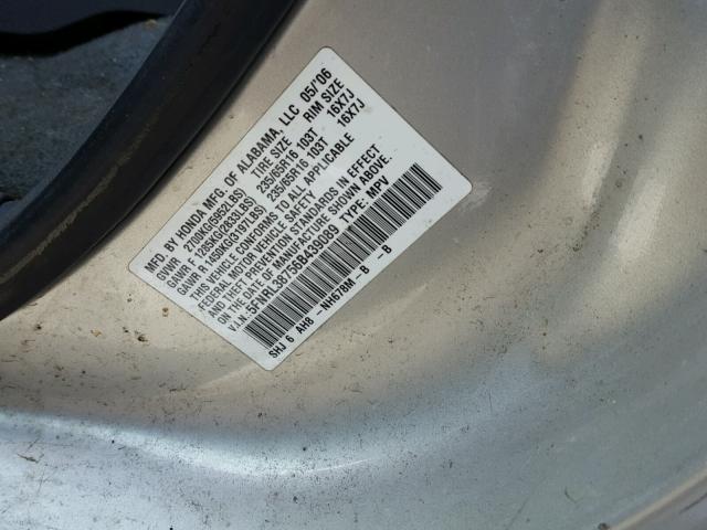 5FNRL38756B439089 - 2006 HONDA ODYSSEY EX GRAY photo 10