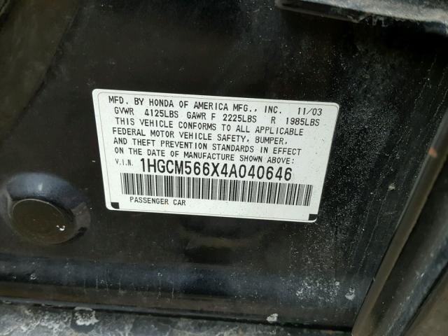 1HGCM566X4A040646 - 2004 HONDA ACCORD EX BLACK photo 10