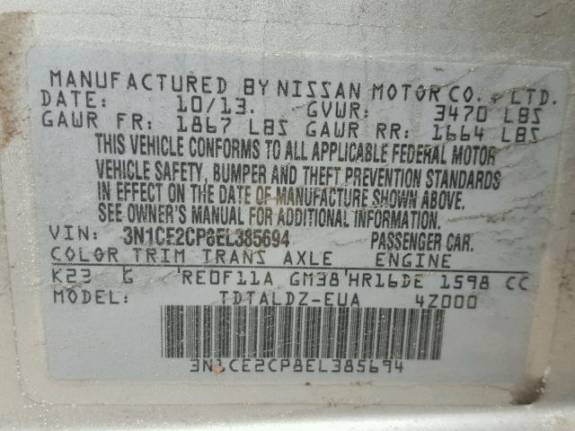 3N1CE2CP8EL385694 - 2014 NISSAN VERSA NOTE SILVER photo 10