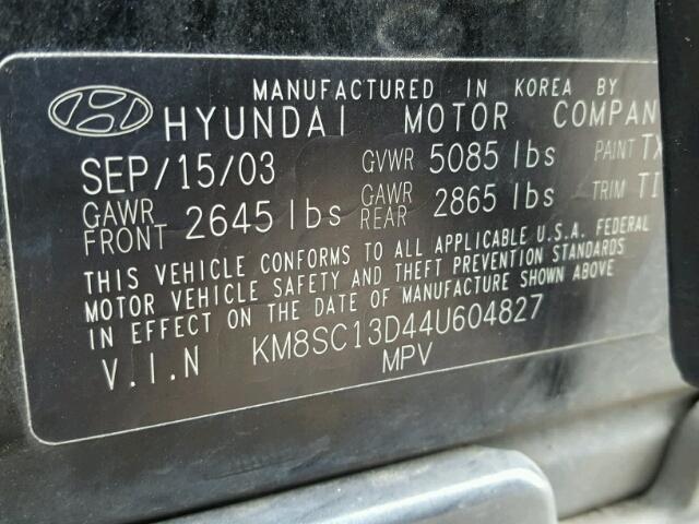 KM8SC13D44U604827 - 2004 HYUNDAI SANTA FE G BLACK photo 10