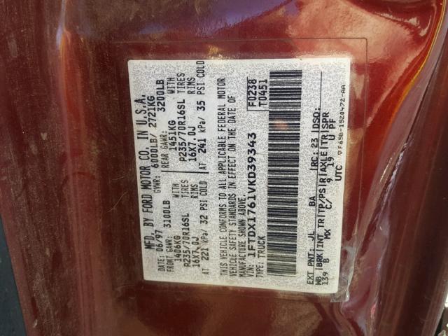 1FTDX1761VKD39343 - 1997 FORD F150 RED photo 10