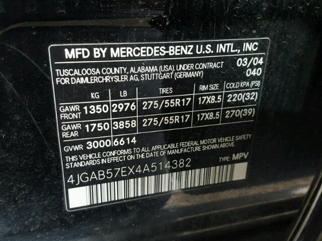 4JGAB57EX4A514382 - 2004 MERCEDES-BENZ ML 350 BLACK photo 10