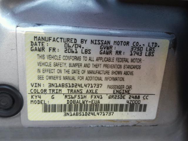 3N1AB51D24L471737 - 2004 NISSAN SENTRA SE- SILVER photo 10