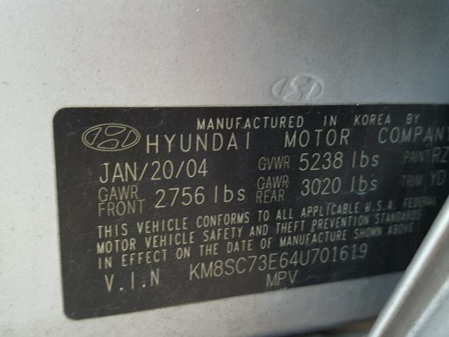 KM8SC73E64U701619 - 2004 HYUNDAI SANTA FE G GRAY photo 10