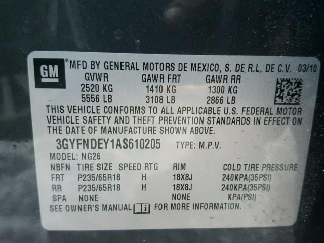 3GYFNDEY1AS610205 - 2010 CADILLAC SRX LUXURY GRAY photo 10