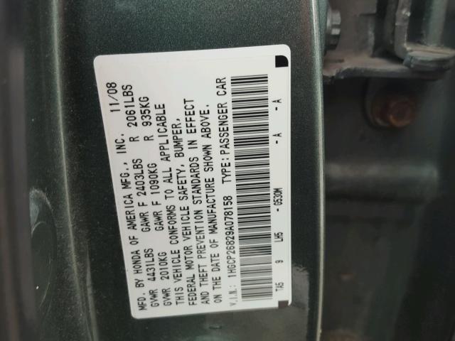 1HGCP26829A078158 - 2009 HONDA ACCORD EXL GREEN photo 10