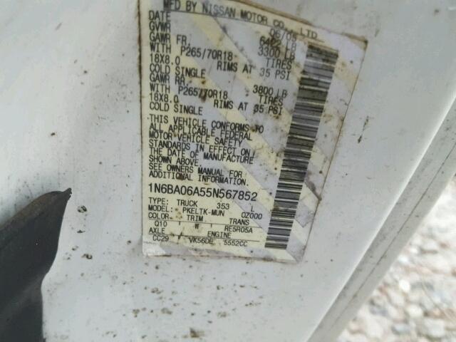 1N6BA06A55N567852 - 2005 NISSAN TITAN XE WHITE photo 10