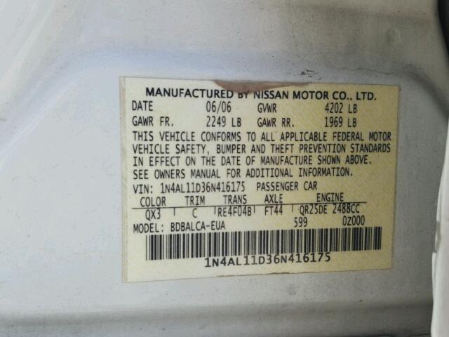 1N4AL11D36N416175 - 2006 NISSAN ALTIMA S WHITE photo 10