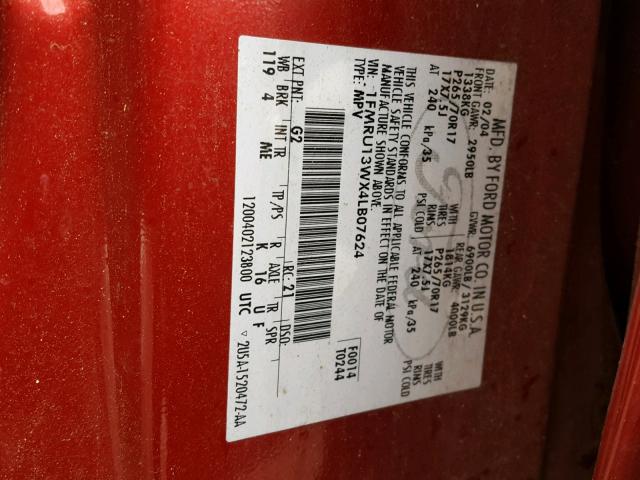 1FMRU13WX4LB07624 - 2004 FORD EXPEDITION RED photo 10