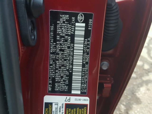 4T1BF1FK9FU879730 - 2015 TOYOTA CAMRY LE RED photo 10